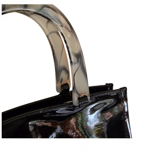 Neiman Marcus VINTAGE Purse Black Patent Vinyl Lucite Double Handle Tote Bag - Picture 3 of 11